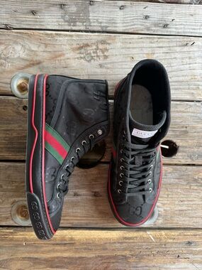 Gucci Black High-Top Sneakers with Red & Green Web Stripe